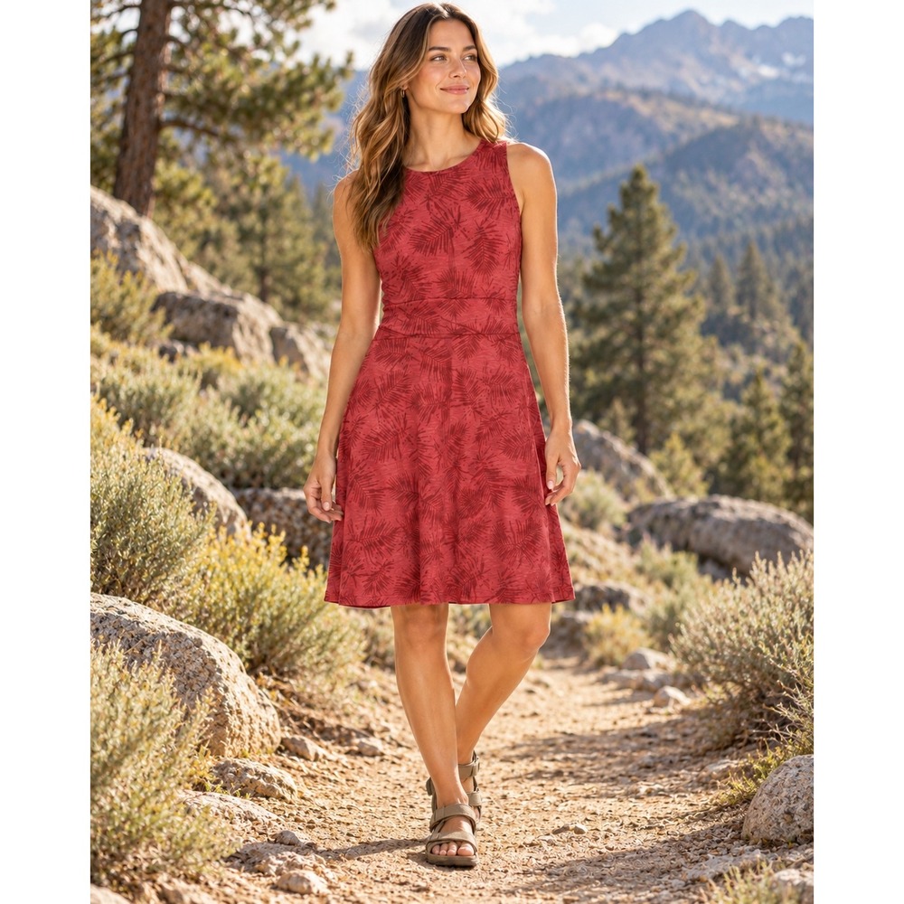 Kuhl Womens Small Red Palm Leaf Print Sleeveless Modal Cotton Stretch Dress